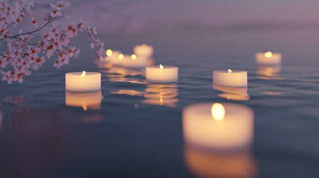 Floating candles glowing peacefully on tranquil water  
