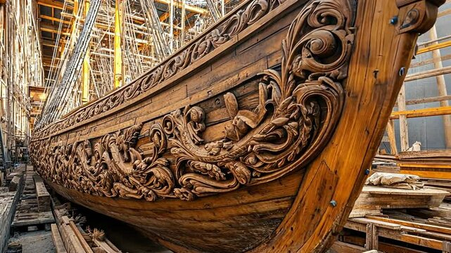 Intricate Wood Carving on a Historic Ship Under Restoration