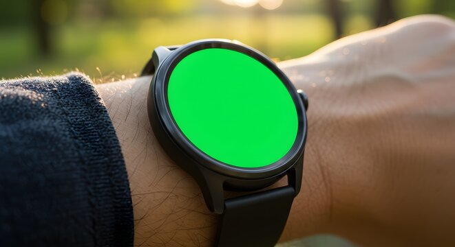 Close-up of a modern smartwatch with a green screen against a blurred nature background