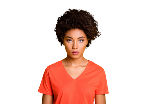 Photo of sweet lovely confident serious girlfriend staring into camera candidly isolated over yellow vivid color background