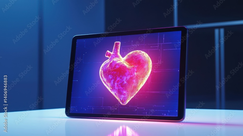 Aufkleber digital heart visualization on tablet display with neon glow effects