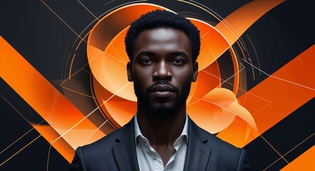 African man on orange theme high tech geometric flow background design template banner with copy space