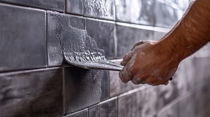 Mason applying grout between tiles in a kitchen. Featuring grout application