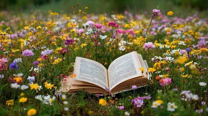 Papier peint photo Open book resting in colorful blooming wildflower field under sunlight