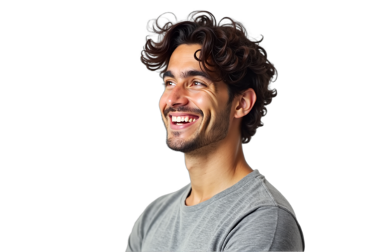 Handsome man smiles, studio portrait, isolated on transparent background. Gray t-shirt, curly brown hair, neutral tones, bright lighting. Use for personal branding, or dating profile.
