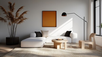 Obraz premium Embrace the understated elegance of Scandinavian design with this calming lounge A harmonious blend of light and neutral textures creates a serene atmosphere Minimal decor enhances the spacious feel