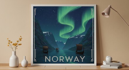 Norway Landscape with Northern Lights and Ships Art Print