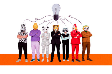 3d sketch poster collage image of anonym business peope wear origami pet mask stand together crossed hands light bulb progress idea © deagreez