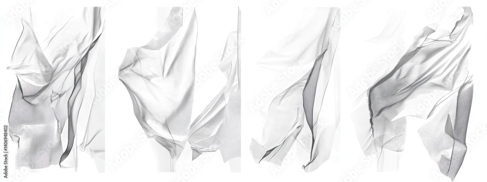 Poster delicate abstract mesh fabric flowing on white backdrop in four variations