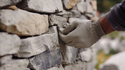 Mason applying mortar on a stone wall. Featuring stonework