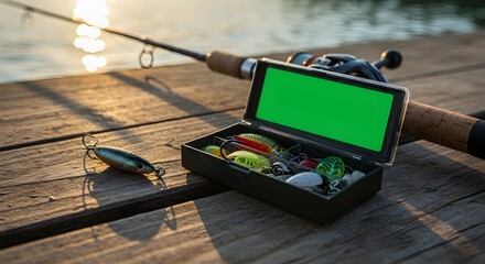 Fishing gear with a rod and lures on a wooden dock at sunset by the lake