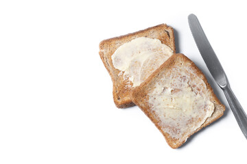 Sliced fresh bread and butter isolated on white background. Top view. Copy space