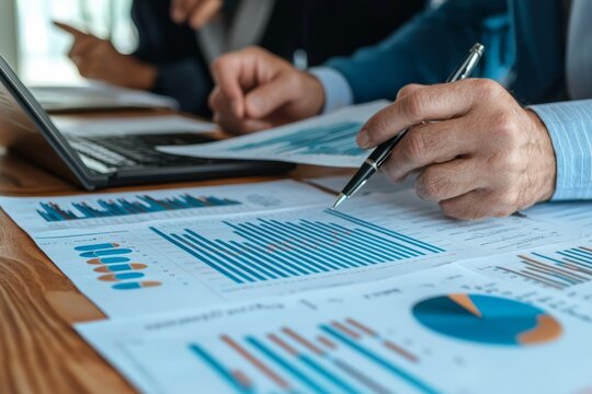 A financial advisor shows charts to a couple in a quiet office. They talk about currency changes and impact. The mood is calm and professional