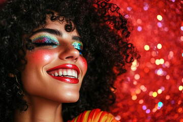 Fototapeta premium Trends in cosmetics showcasing bold rainbow eye makeup and glitter details on smiling model with curly hair against red backdrop, generative ai