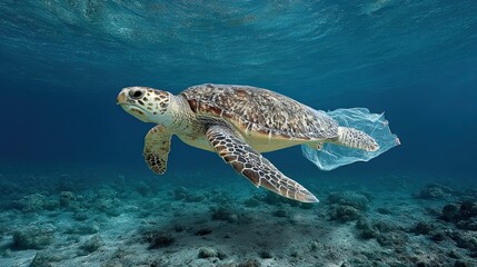 Obraz premium Sea turtle swimming underwater entangled in plastic ocean pollution scene
