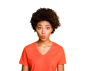 Photo of amazing dark skin lady sending boyfriend air kisses wear orange v neck t-shirt isolated yellow color background