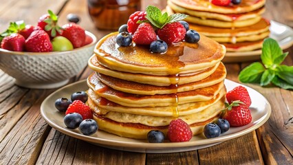 stack of pancakes with syrup and berries, pancakes with blueberries