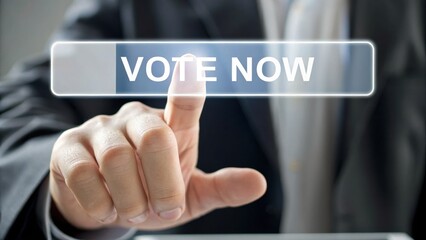 A hand interacts with a digital voting button labeled "VOTE NOW," highlighting the concept of online elections and civic engagement.