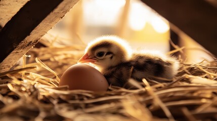 Fototapeta premium Newborn Chick Peeking from Egg Nestled in Straw at Sunrise