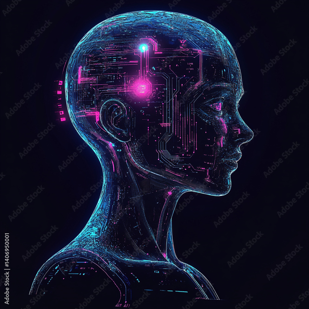 Aufkleber futuristic digital representation of humanoid head with glowing circuitry, advanced technology and a