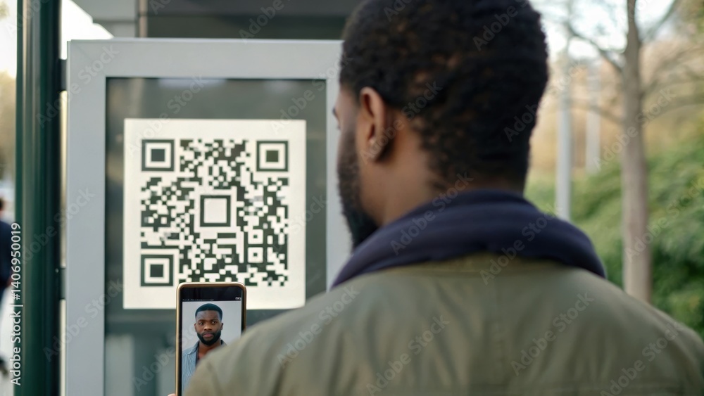 Poster a person uses a smartphone to scan a qr code displayed on a kiosk, highlighting modern technology in