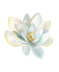 White lotus flower with gold details PNG. Watercolor botanical clipart on transparent background, ideal for spa branding and luxury designs