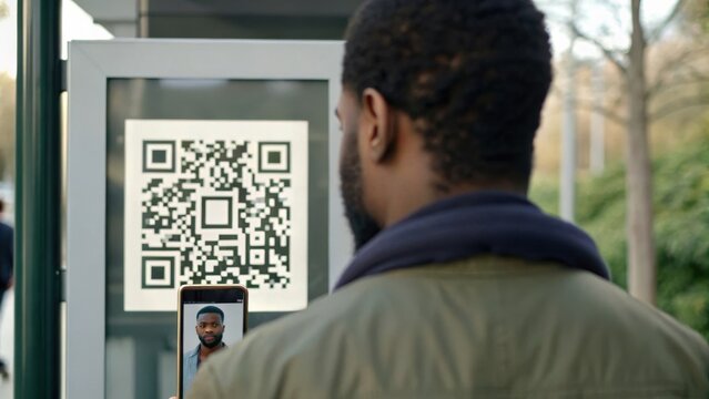 A person uses a smartphone to scan a QR code displayed on a kiosk, highlighting modern technology in urban settings.