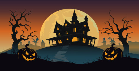 Halloween. halloween background with dark night, halloween party and invite design. halloween holiday poster. graveyard, tombstone, cemetery, church, crow, ghost, boo, and pumpkins vector