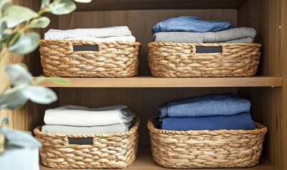 Obraz premium Neatly folded clothes in woven baskets on a white shelf. Organizing space concept