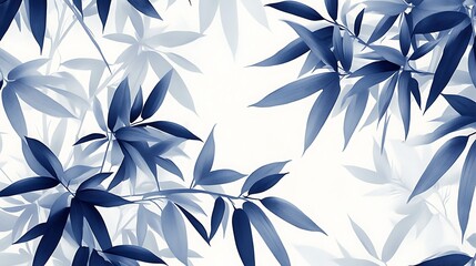 Fototapeta premium Serene Bamboo Leaves Background in Blue, A serene background featuring delicate bamboo leaves in shades of blue against a soft, light backdrop