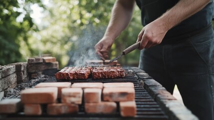 Fototapeta premium Mason building a brick barbecue grill in a backyard. Featuring masonry artistry