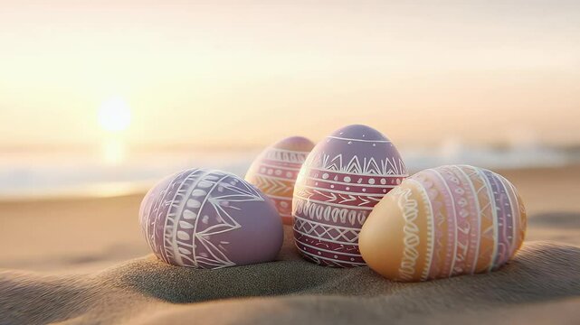 Pastel colored easter eggs decorated with white patterns on a beach at sunrise, evoking a serene and festive atmosphere