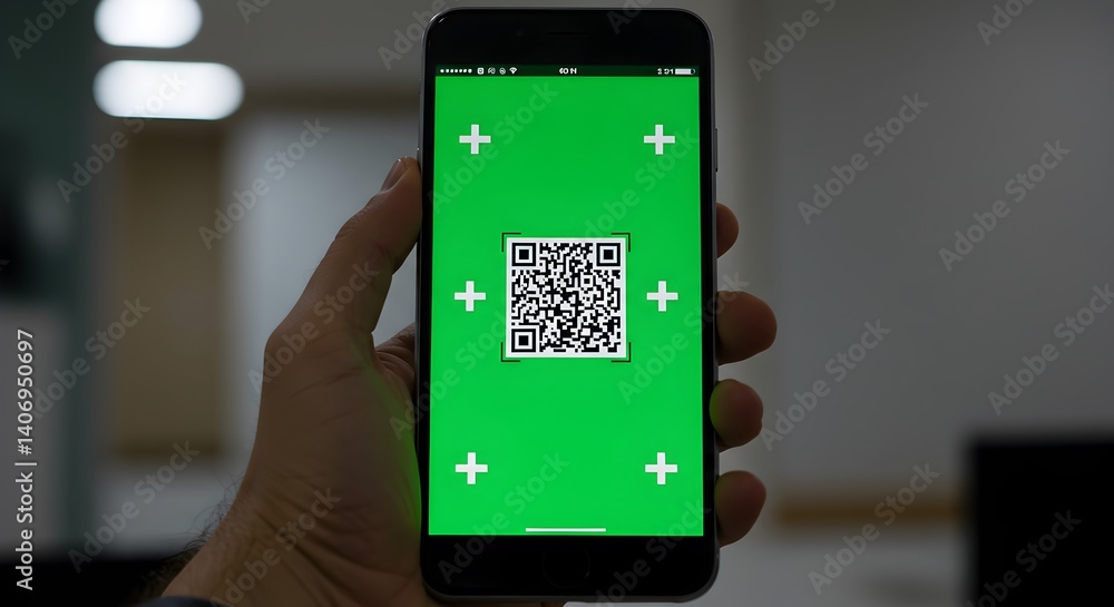 Poster smartphone presenting a green screen with qr code for versatile application
