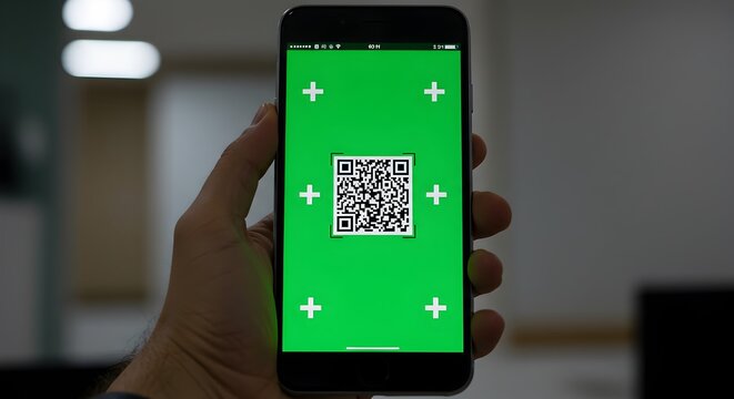 Smartphone presenting a green screen with QR code for versatile application - Powered by Adobe