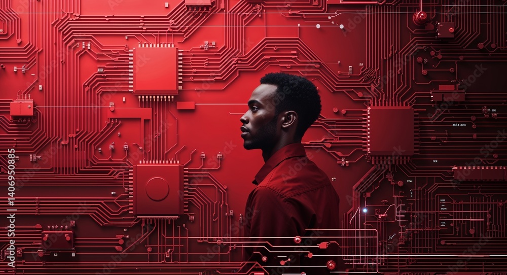 Poster african man on red theme digital network circuit background design template banner with copy space