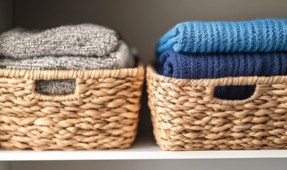 Obraz premium Neatly folded clothes in woven baskets on a white shelf. Organizing space concept