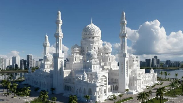 Gleaming white mosque under the clear sky. City backdrop & water edge complete the scene. Graceful domes & spires stand tall