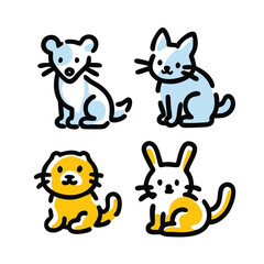 Minimalist Cute Animal Line Art Icon and Doodle Collection Set – Black and White Thin Stroke Vector Illustration for Stickers, Kids, UI/UX, and Clipart Design