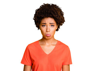 Photo of sullen dark skin lady offended after boyfriend rude behavior wear orange v neck t-shirt...