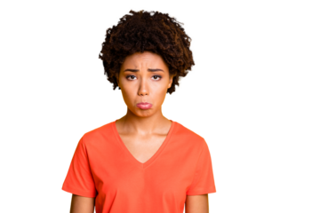 Photo of sullen dark skin lady offended after boyfriend rude behavior wear orange v neck t-shirt isolated yellow color background