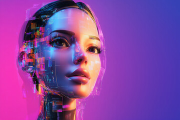 futuristic digital of humanoid figure with blend of technology and beauty, vibrant colors and intricate details. image evokes sense of innovation and creativity
