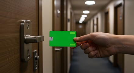 Using a green keycard to open a door in a hotel hallway, secure access