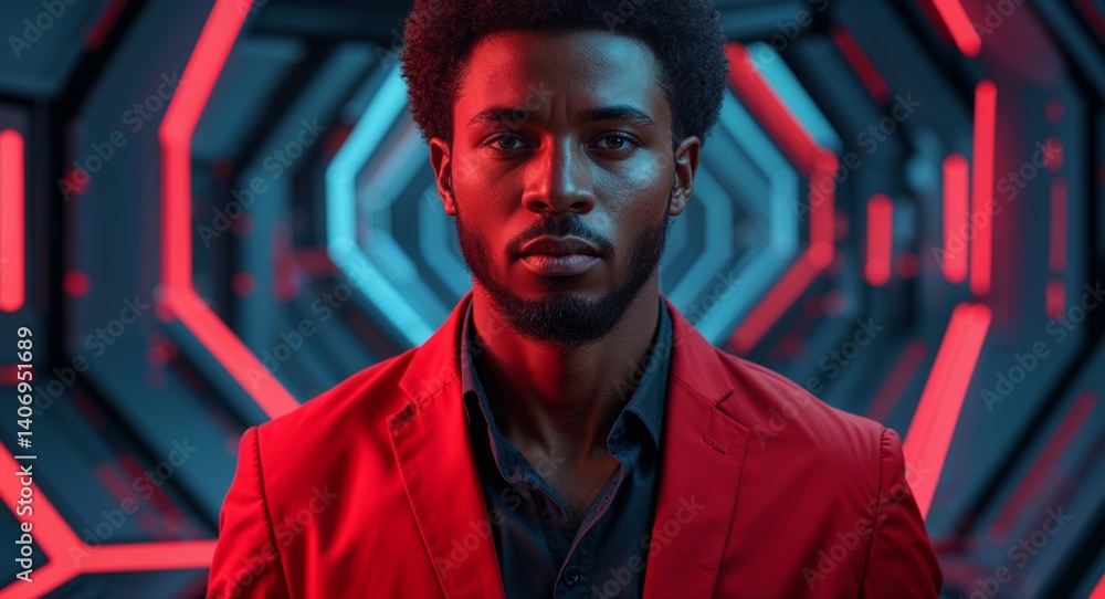 Poster african man on red theme innovative tech structure background design template banner with copy space