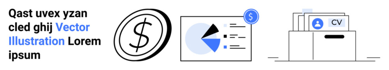 Dollar sign, pie chart with data, and resume folder visualizing finance, analytics, recruitment, career growth, economy, investments and job market. Ideal for reports HR presentations business