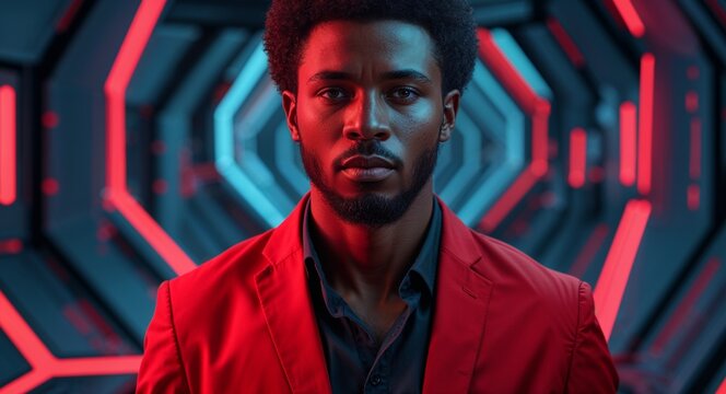 African man on red theme innovative tech structure background design template banner with copy space