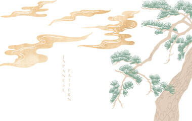 Japanese background with line Chinese cloud and bonsai tree pattern vector. Abstract template with geometric wave pattern. Cloud layout design in oriental style