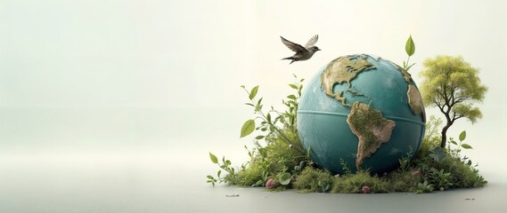 Banner of Earth Day. Lush, green Earth with vibrant vegetation and a bird on one side. Focus on the eco-friendly planet, minimal background.