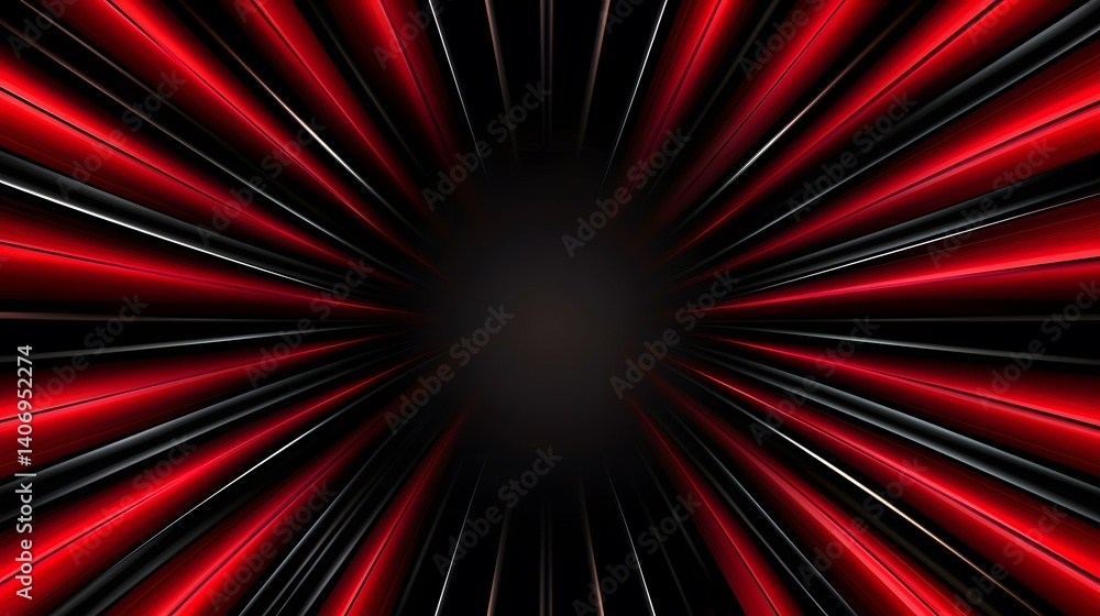 Poster the image contains an abstract design of radiating lines in shades of red and black, converging towa