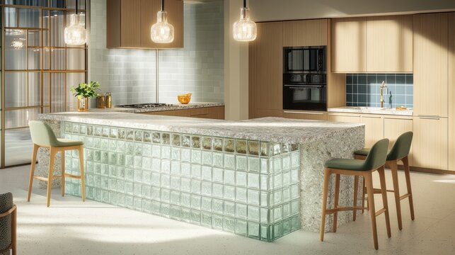 Modern kitchen island with glass block feature, sunlight streaming in, minimalist design, ideal for home decor websites