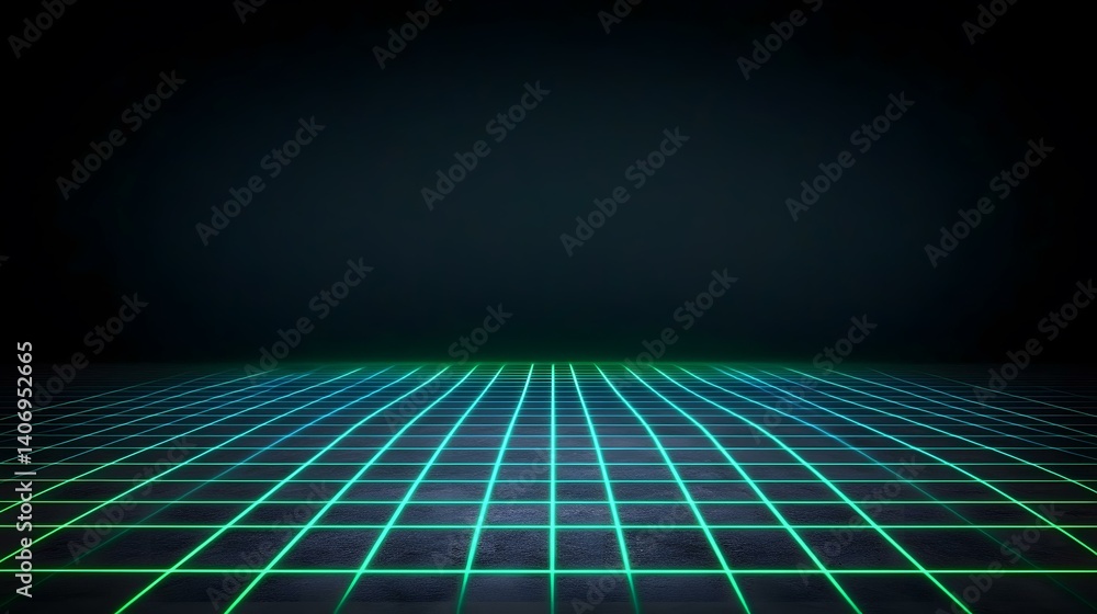 Aufkleber the image shows a dark background with a grid pattern on the floor, illuminated by bright teal neon 